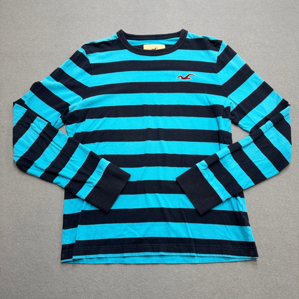 Hollister California T-Shirt Men's XL Blue Black Striped Long Sleeve 100% Cotton